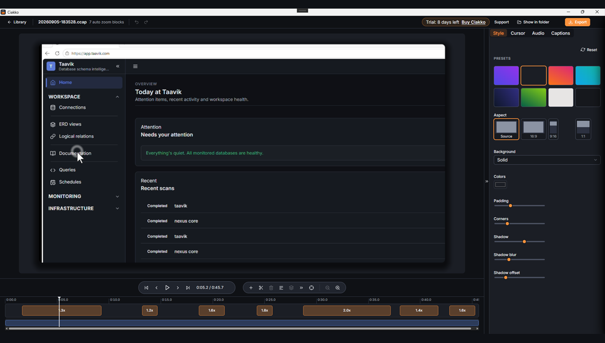 The timeline with the zooms placed automatically under the preview