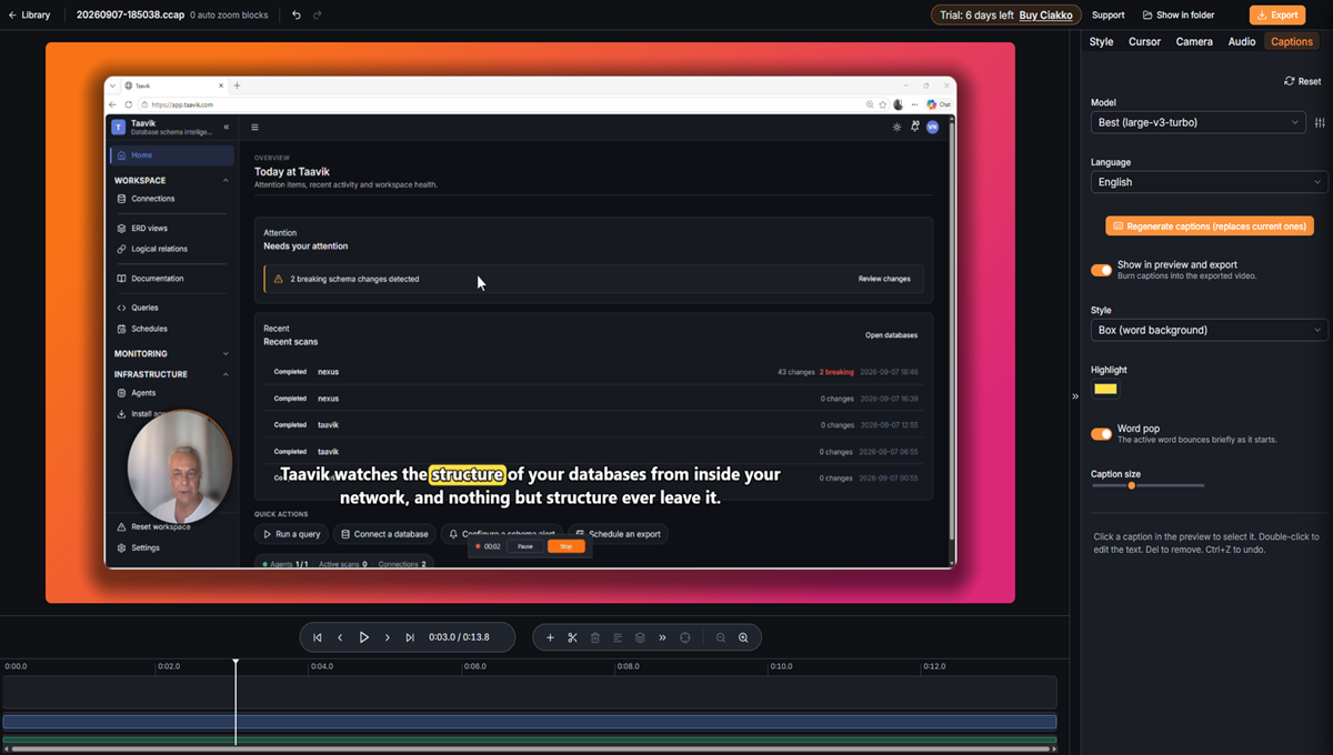 A recording with captions, the spoken word highlighted