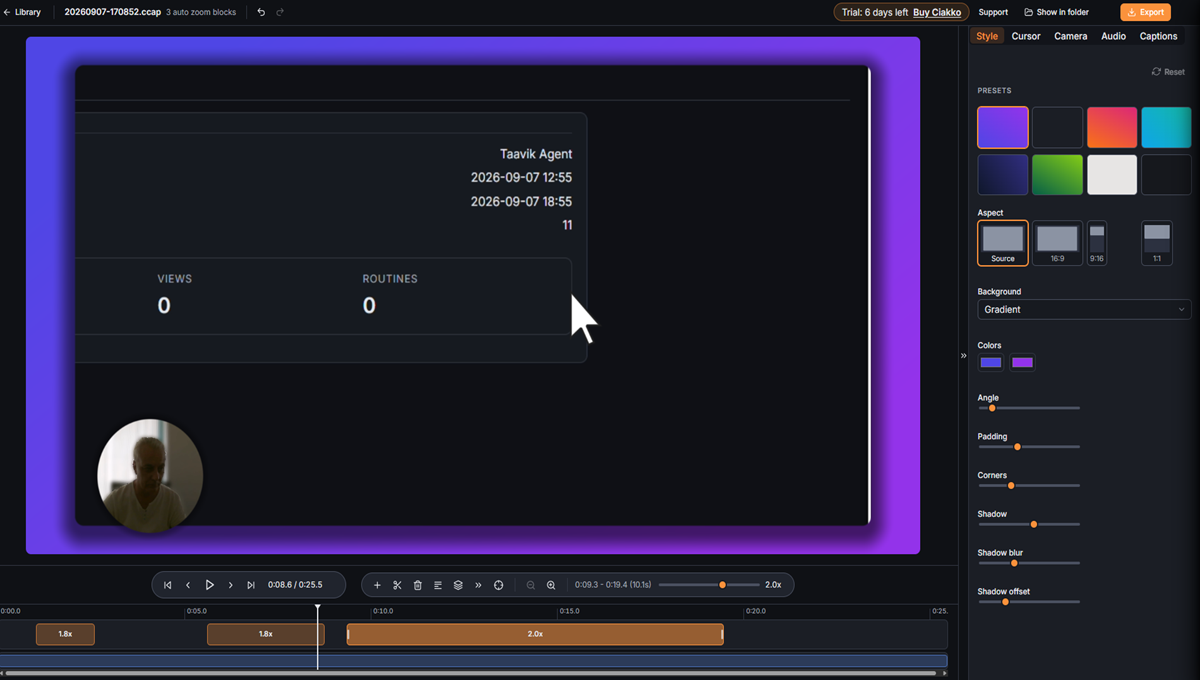 The same recording with a different background, rounded corners and the webcam moved