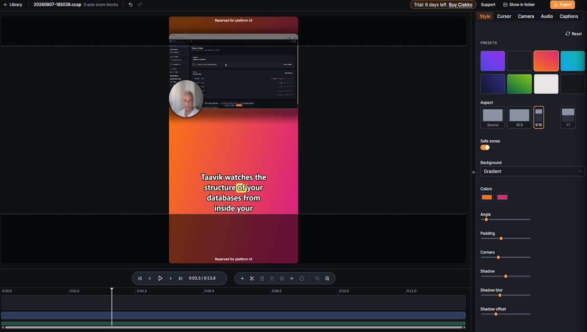 The same desktop recording exported as a vertical video, the action kept in frame
